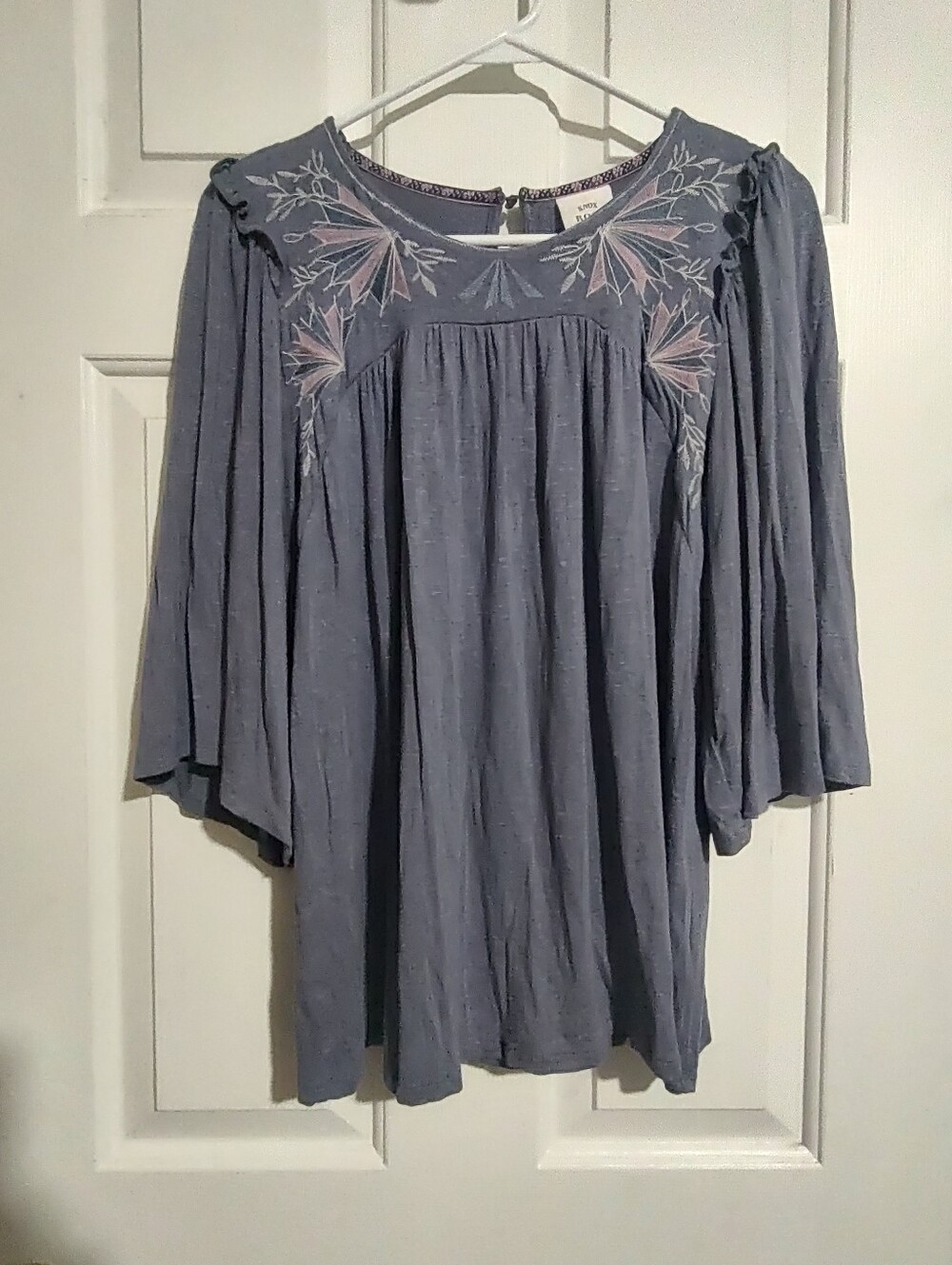 Knox Rose Dusty Blue Embroidered Peasant Tunic